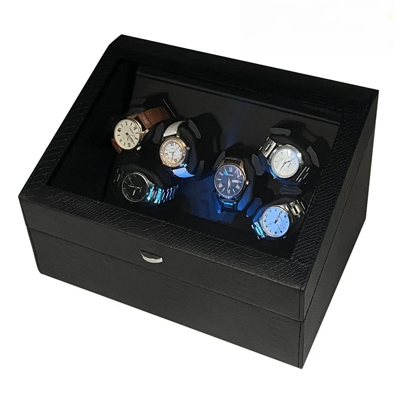 2026 Snake Grain PU Leather Watch Winder, 6 Rotation Positions + 6 Watch Storage Slots Automatic Mechanical Watch Winding Box