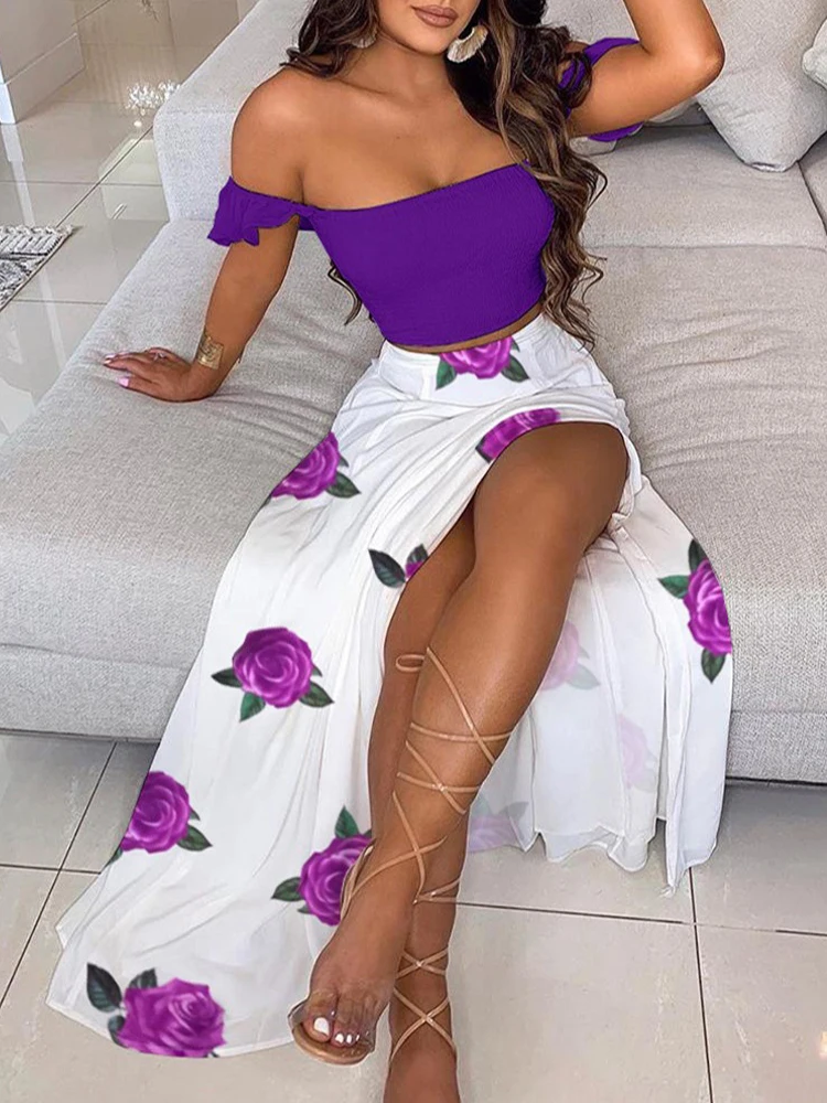 2-Piece Boho Chic Ensemble Off-Shoulder Smocked Tube Top&Floral High-Waist Split Maxi Skirt Summer Women Casual Wear Dress Sets