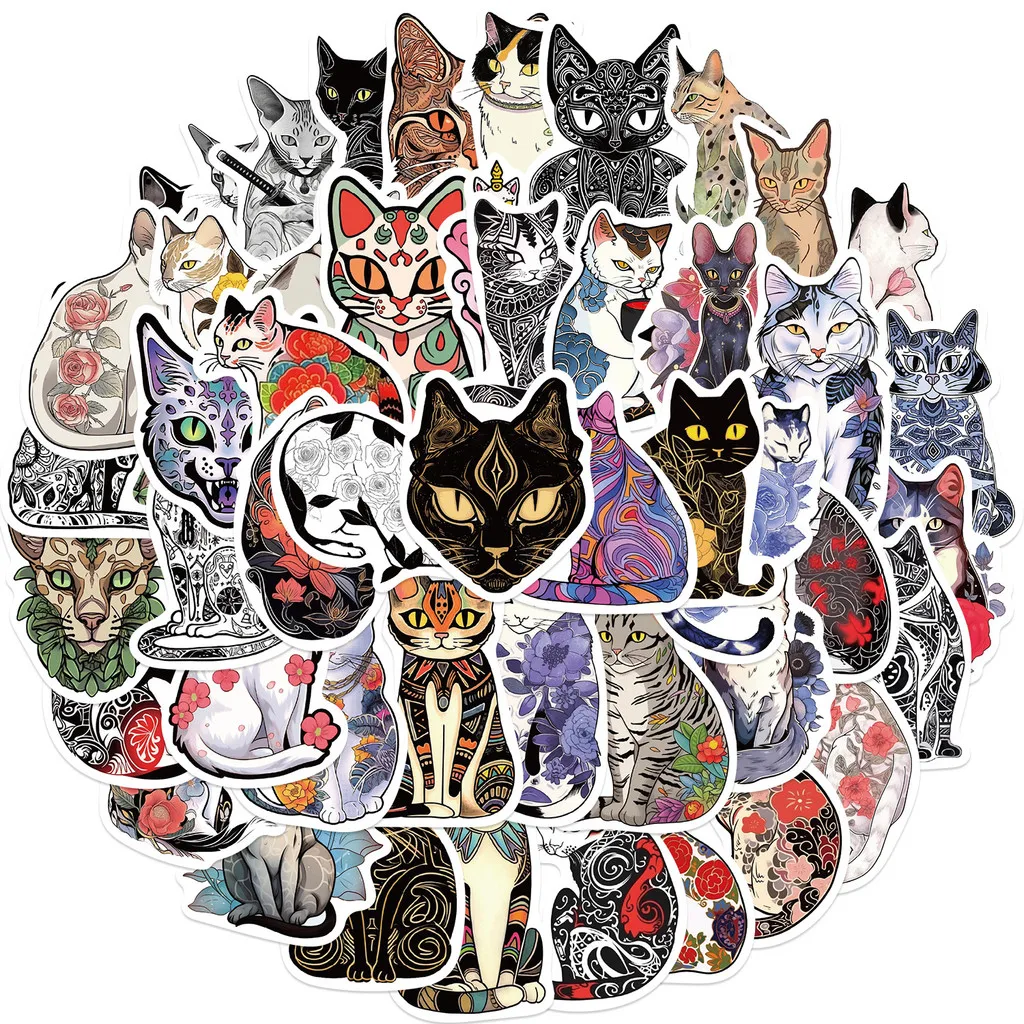 50-Piece Set No Duplicates: Edgy Vintage Cool Tattoo Cat Series Stickers - DIY Decor for Laptops, Phones Giajar Sticker Store