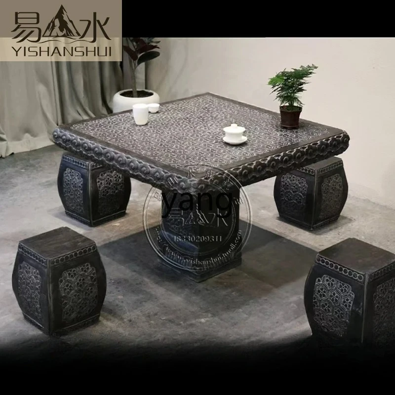 LHM,  Stone Table and Stool Set for Courtyard, Antique Style Outdoor Zen Decorative Stone Table Ornament