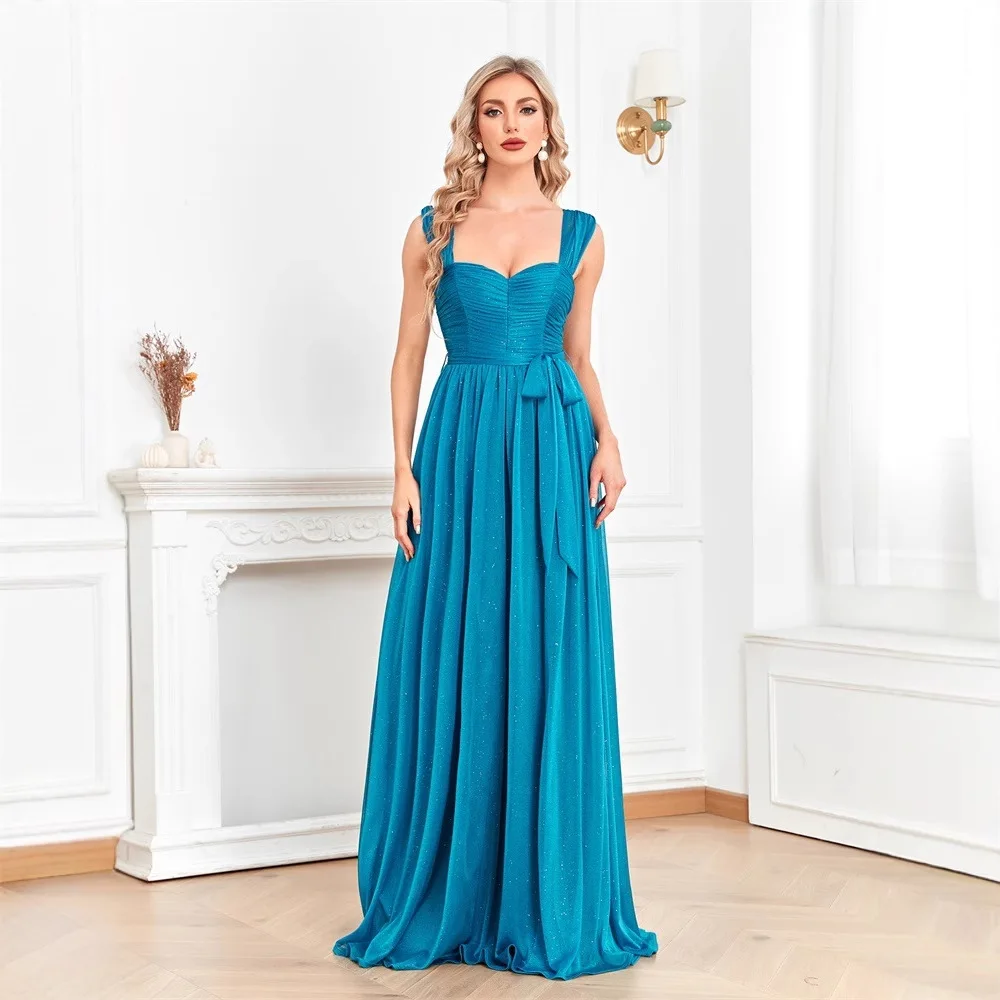 

Square Strap Ruched Glitter Mesh A Line Dress Turquoise with Side Bow Floor Train Garden Wedding Gala Cocktail Gown