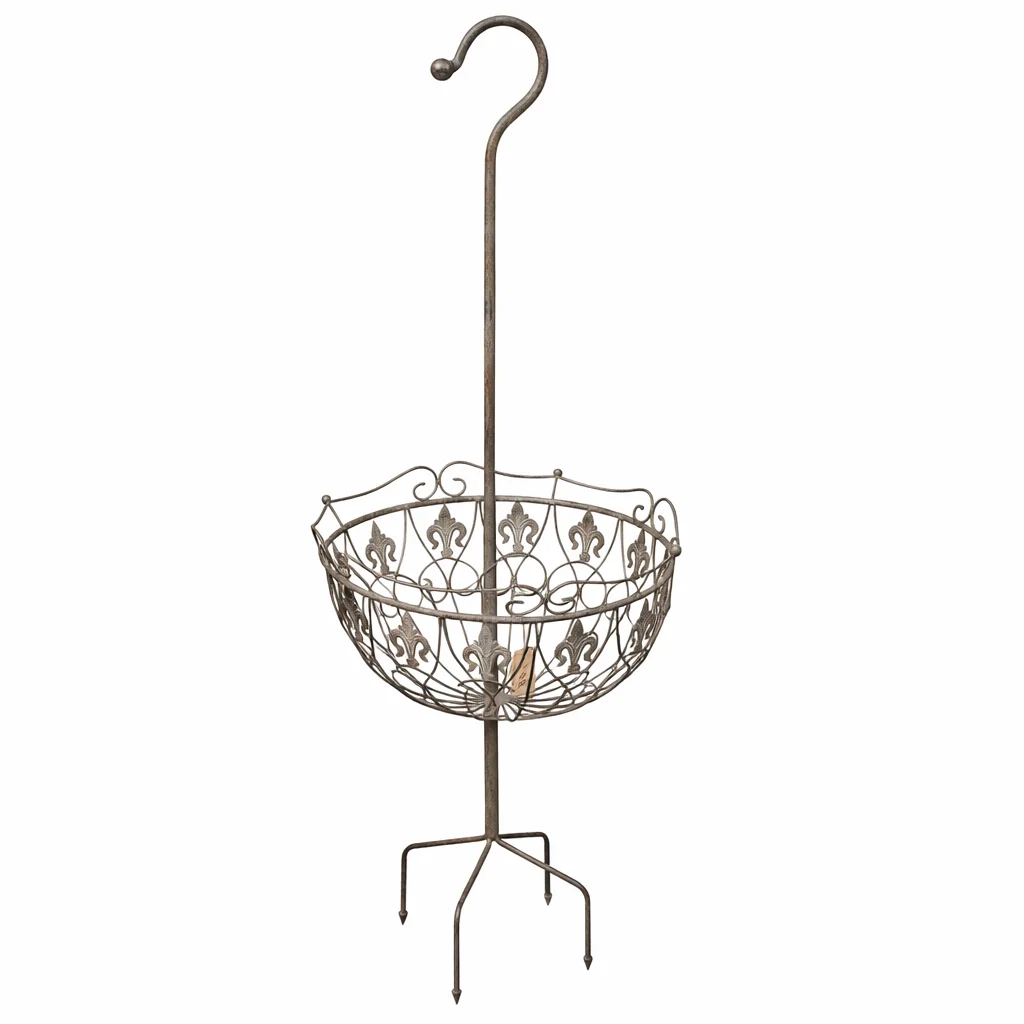 

Solid Iron Garden Ground Stake Planter, Vintage Umbrella Style Flower Basket, Rustic Outdoor Plant Holder with Fleur De Lis