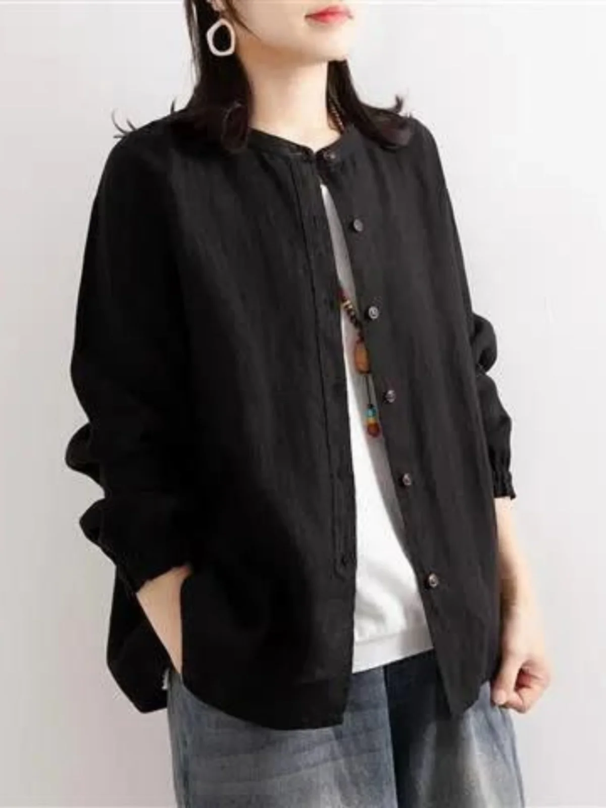 Retro Artistic Cotton Linen Shirt Women Loose round Neck Casual Outerwear Long Sleeve Drawstring Sleeve Top Women