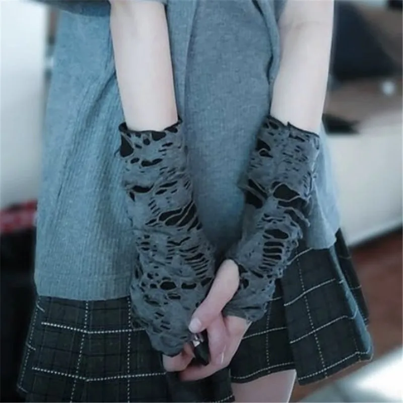 Gothic Broken Slit Gloves Sexy Gothic Fingerless Gloves Halloween Gloves Black Ripped Holes Decor Cosplay Glove for Adults