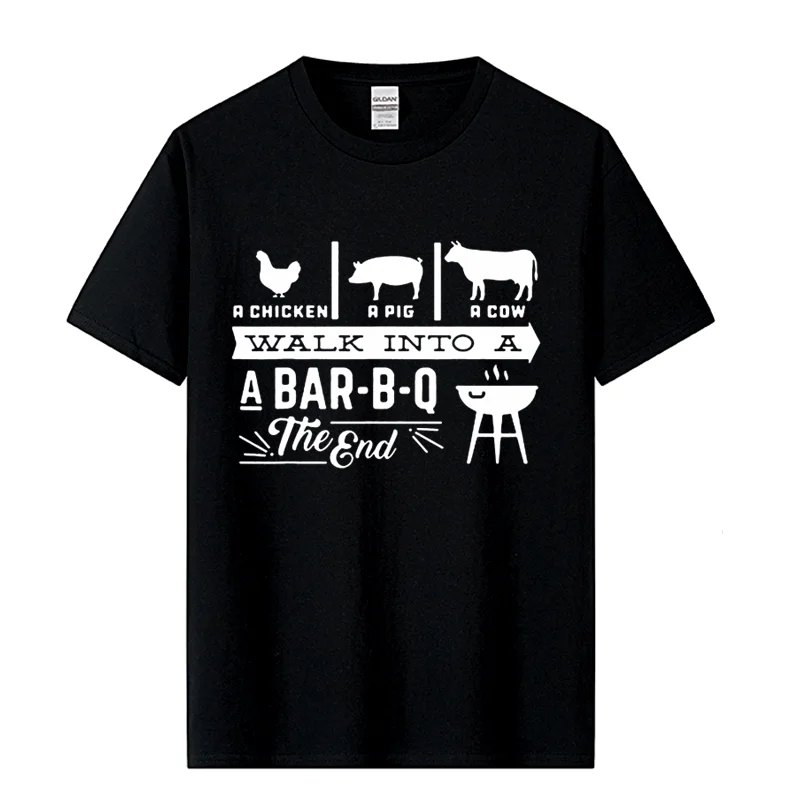 A Chicken Pig Cow Walk Into Barbecue BBQ Funny T Shirts Men Summer Cotton Harajuku Short Sleeve O Neck Streetwear Black T-shirt