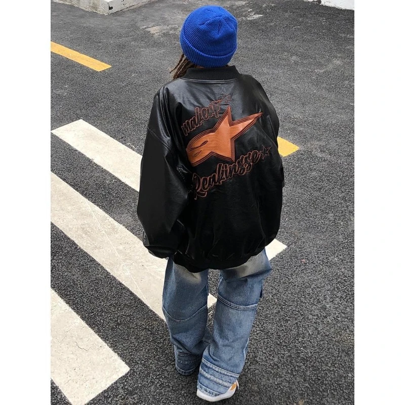 autumn and winter new American retro street leather jacket female Y2K couple hip-hop loose casual wild baseball uniform jacket