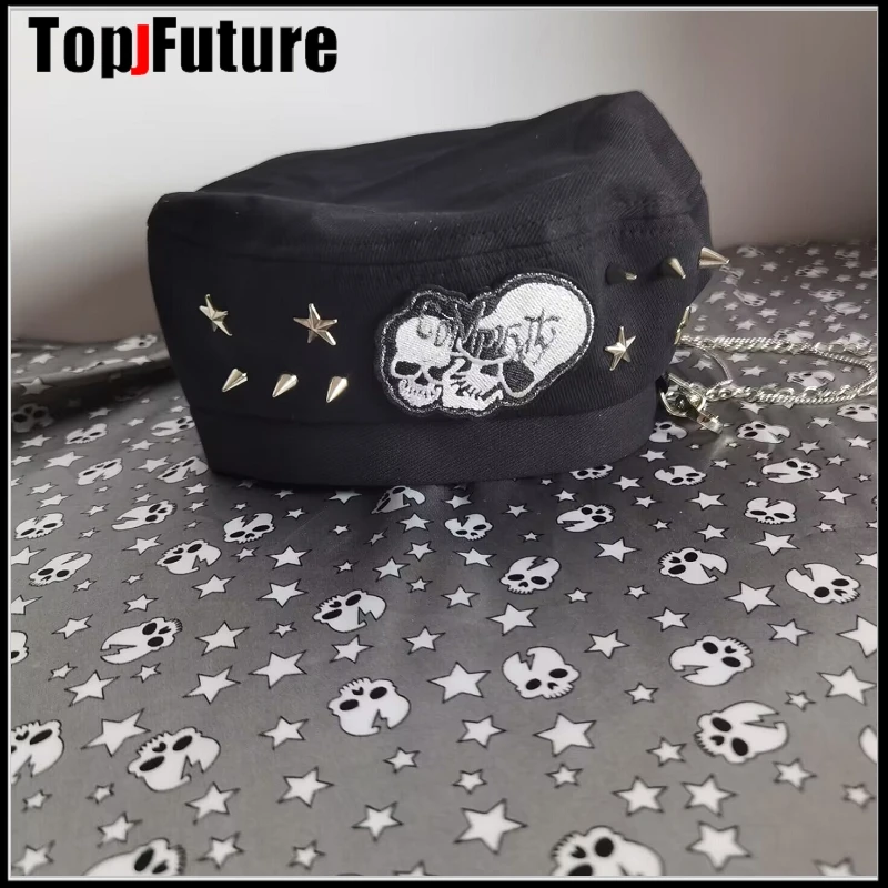 Harajuku Gothic Lolita Cosplay Rock Beret hat Cap Autumn Winter Y2K Girl Women\'s Punk Metallic Handmade skull decorative hats