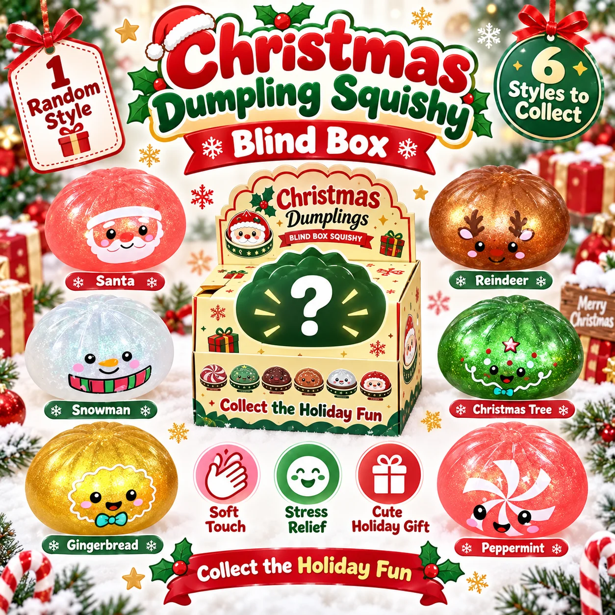 Christmas Dumpling Squishy Blind Box 1-5PCS TPR Slow Rising Squeeze Fidget Sensory Stress Relief Holiday Surprise Gift Pack