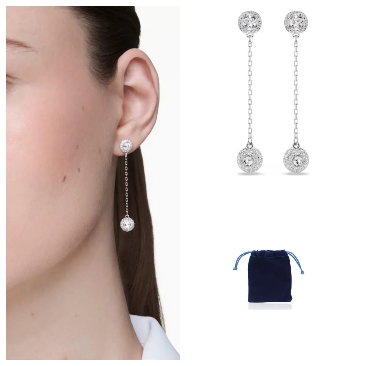 

Una Angelic drop earrings Round cut, White, Rhodium plated