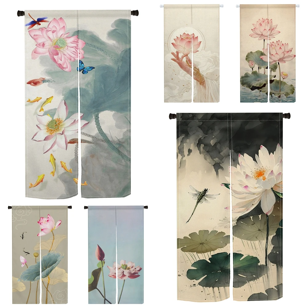 Chinese Ink Painting Door Curtain Lotus Flower Dragonfly Fish Room Divider Home Decor Partition Screen for Living Room Bedroom
