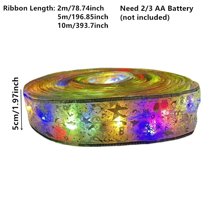 10m/5m/2m Christmas Ribbon LED Lights Christmas Tree Lighting Bows Ornaments Home Holiday DIY String Lights New Year Decoration