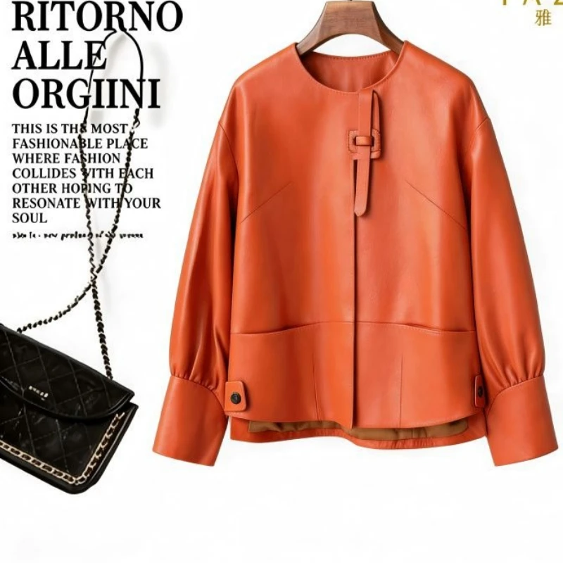 Vintage Black Leather O-neck Coat Loose Lantern Sleeves PU Leather Jackets for Women Button Pockets Windproof Outerwear Trendy