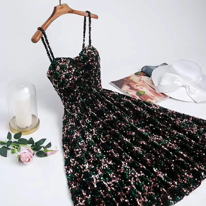

Shining Sequins Prom Dress Short Party Dress Spaghetti Zipper Back Tea Length Homecoming Dresses