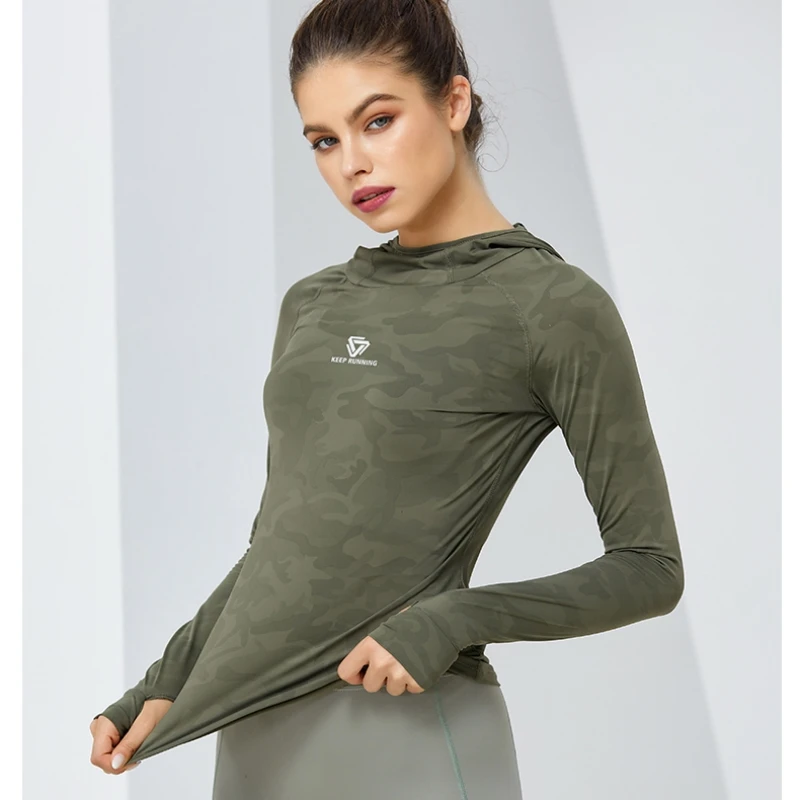 High Quality Womens Hooded T Shirt Camouflage Long Sleeve Thumb Hole Running Tees Girls Gym Workout Tops Hooded Sweatshirts