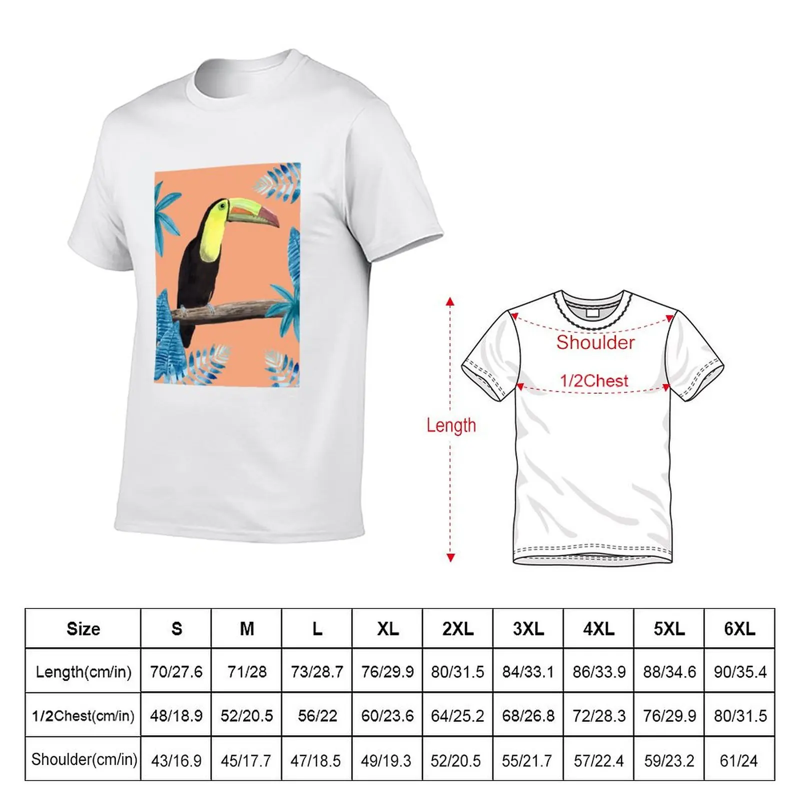 Toucan with tropical leaves and coral background T-Shirt Outdoor Sports Short Sleeve Top