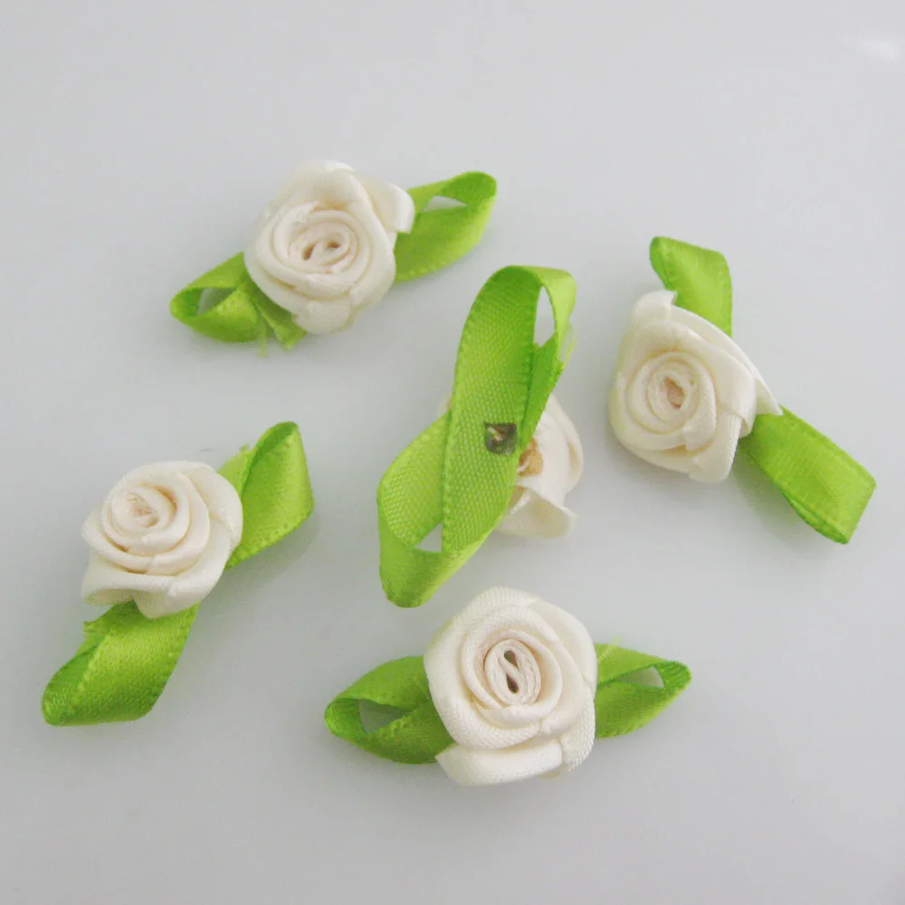 Medium Size About 20MM Rosettes 30Pcs Ribbon Flower With Leaf 35MM Headwear Accessories DIY Sewing Supplies