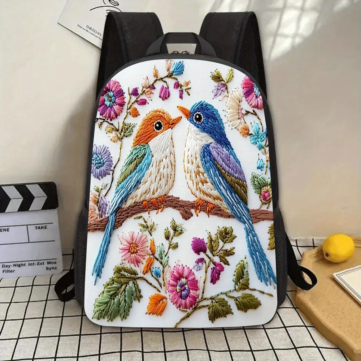

1Pc, Embroidery Style Bird Large Capacity 17 Inch Casual Backpack Laptop Bag with Water Bottle Holder