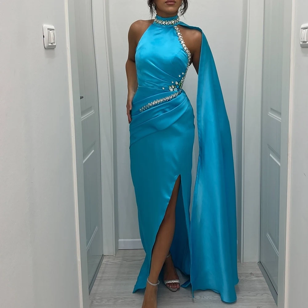 

High Quality Satin Straight Crystal Evening Dress High Collar Sleeveless Side Slit Floor Length Watteau Train Photo Color