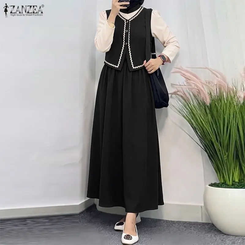 ZANZEA Modest Muslim Abaya Long Sleeve Fake Two Piece Colorblock Wavy Trim Dresses Women Autumn Patchwork Dress Ramadan Robe