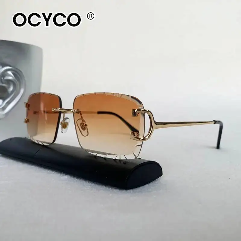 OCYCO Neue randlose quadratische Sonnenbrille für Herren, Kupfernickel, modische Punk-Sonnenbrille mit Farbverlauf, Vintage, trendige Brille mit kleinem Rahmen, UV400 – Detail 1