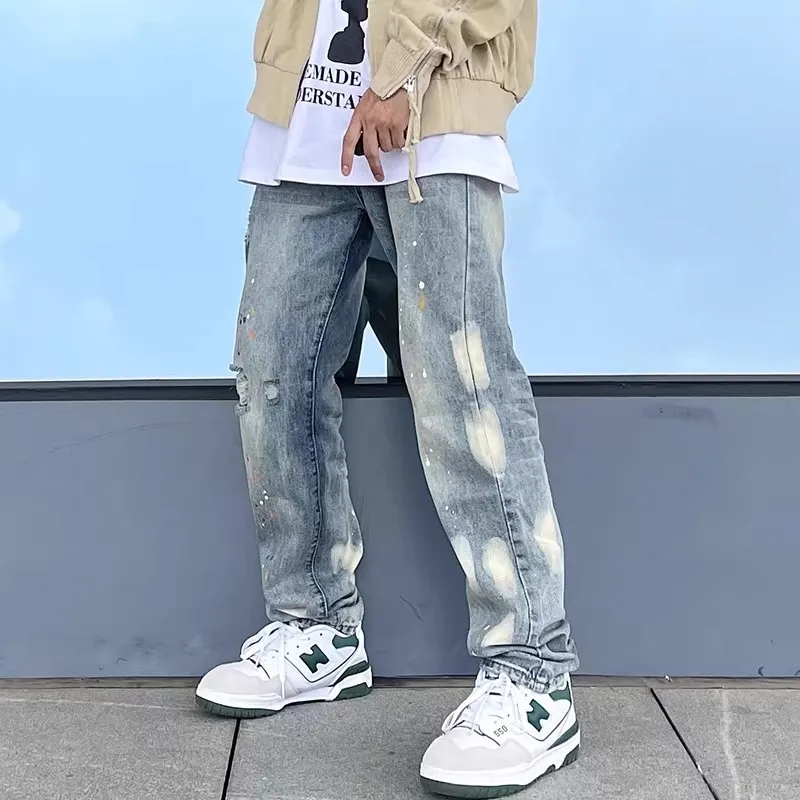 

Retro High Street Splaed Ink Vintage Men's Loose Straight Leg Casual Jeans Summer Torn Hole Denim Pants Youth Faion