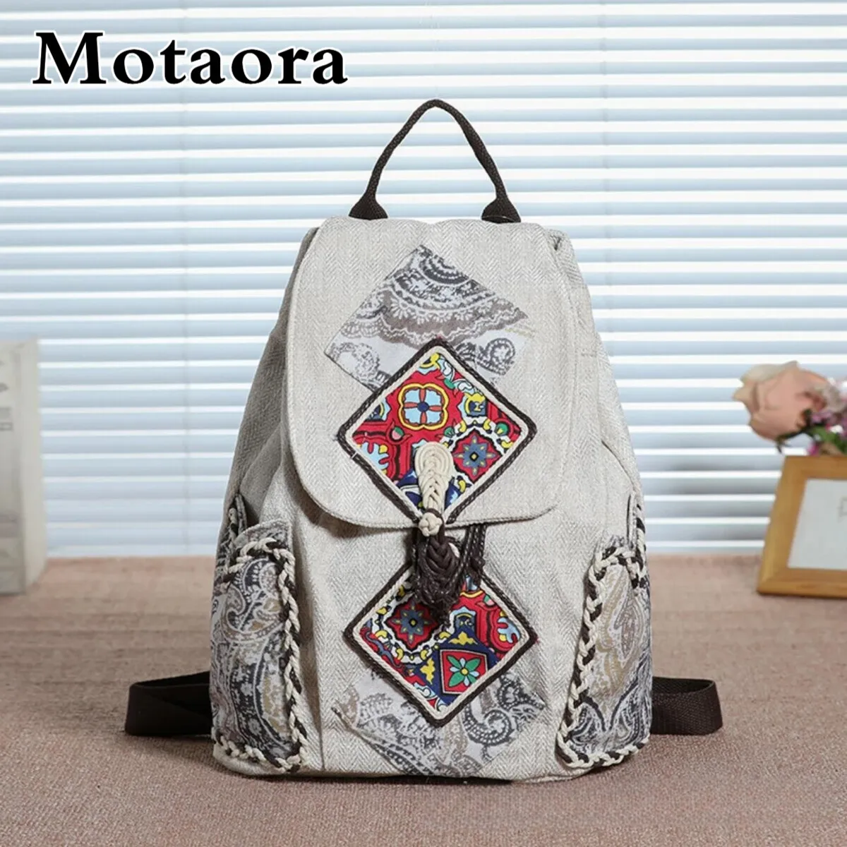 

MOTAORA Women's Handwoven Multi-Pocket Backpack - Lightweight Canvas Messenger Bag, Casual Retro Purse for School & Travel