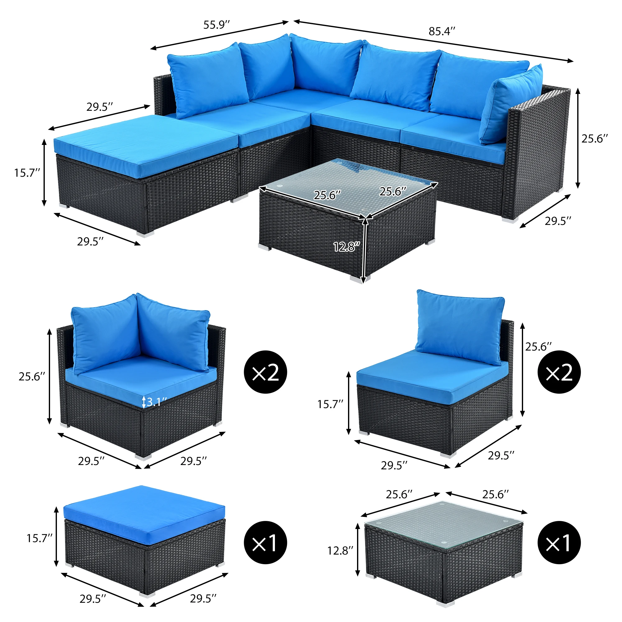 6Pcs Patio Furniture Set Corner Sofa w/ Thick Removable Cushion PE Rattan Wicker Garden Sectional Sofa Chair 2 Colors[US-Stock]