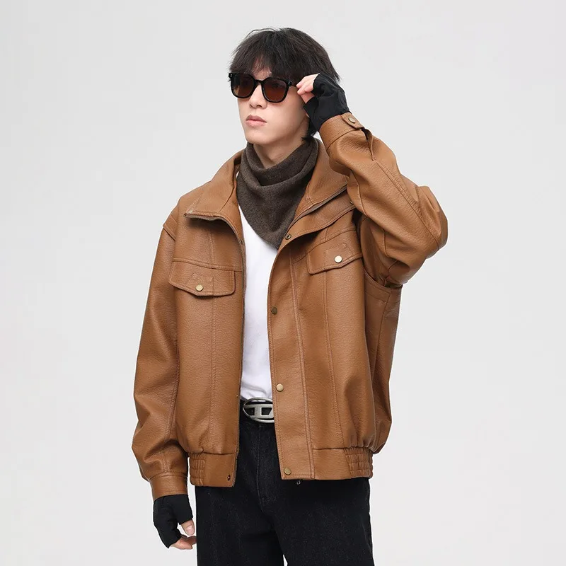 Vintage Bomber Jackets Men Spring Autumn Faux Leather Jackets Streetwear Racing PU Windbreaker for Men Clothes Outerwears