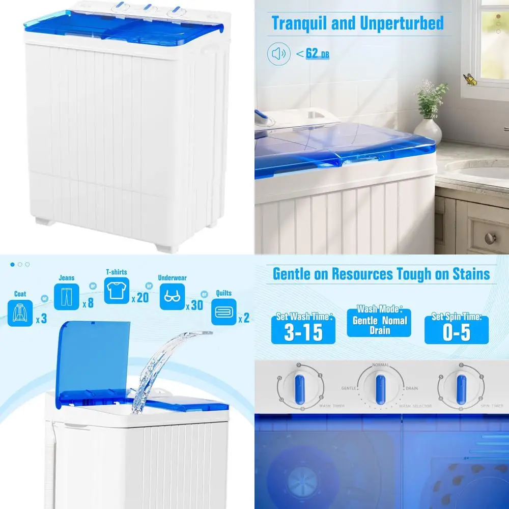 

Компактная стирально-сушильная машина с двумя баками, 28 фунтов, с удлиненным шлангом для автодомов, общежитий и небольших помещений (синяя)