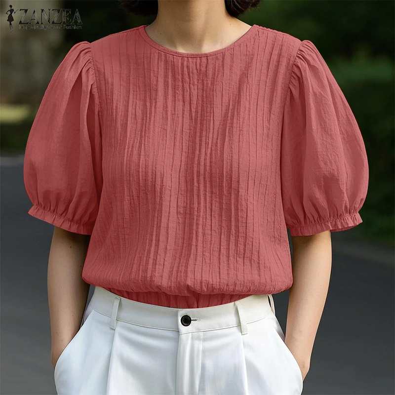 

2026 ZANZEA Summer Blouse Fashion Women Short Sleeve OL Work Tops Elegant O Neck Solid Pleated Shirt Casual Loose Blusas Tunic