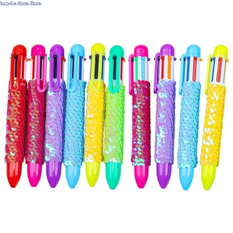 

10pcs 6 Colors Sequins Ballpoint Pen 1.0mm Shuttle Pen Multicolor Pen Retractable Ballpoint Pen for School Students