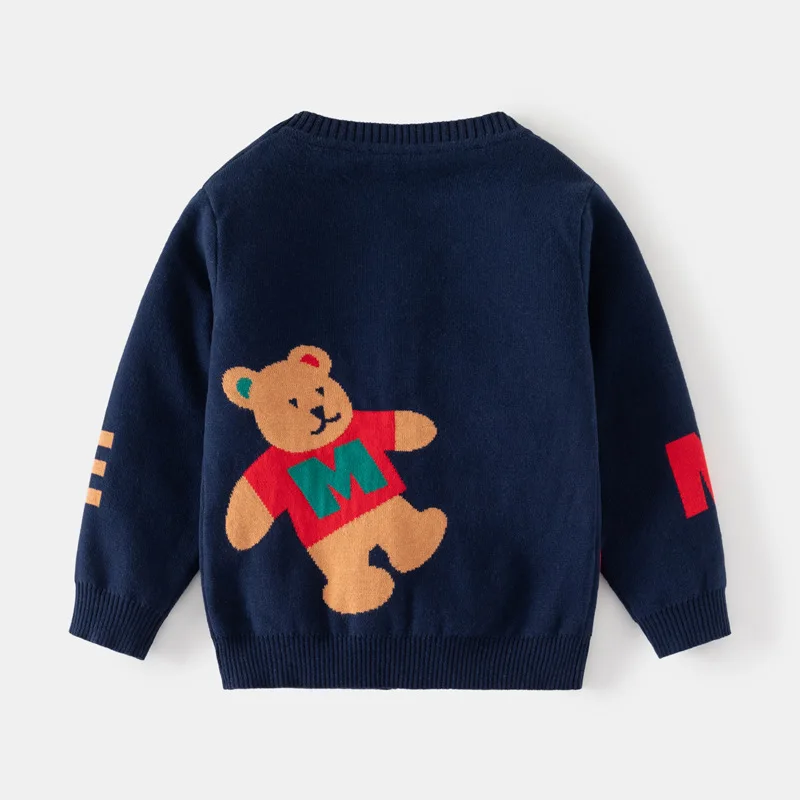 Spring Autumn Children Jacket Boy Girl Knitted Baby Sweater Print Letter Car Bear Cotton Buttons V-neck Kid Sweater Navy Coat