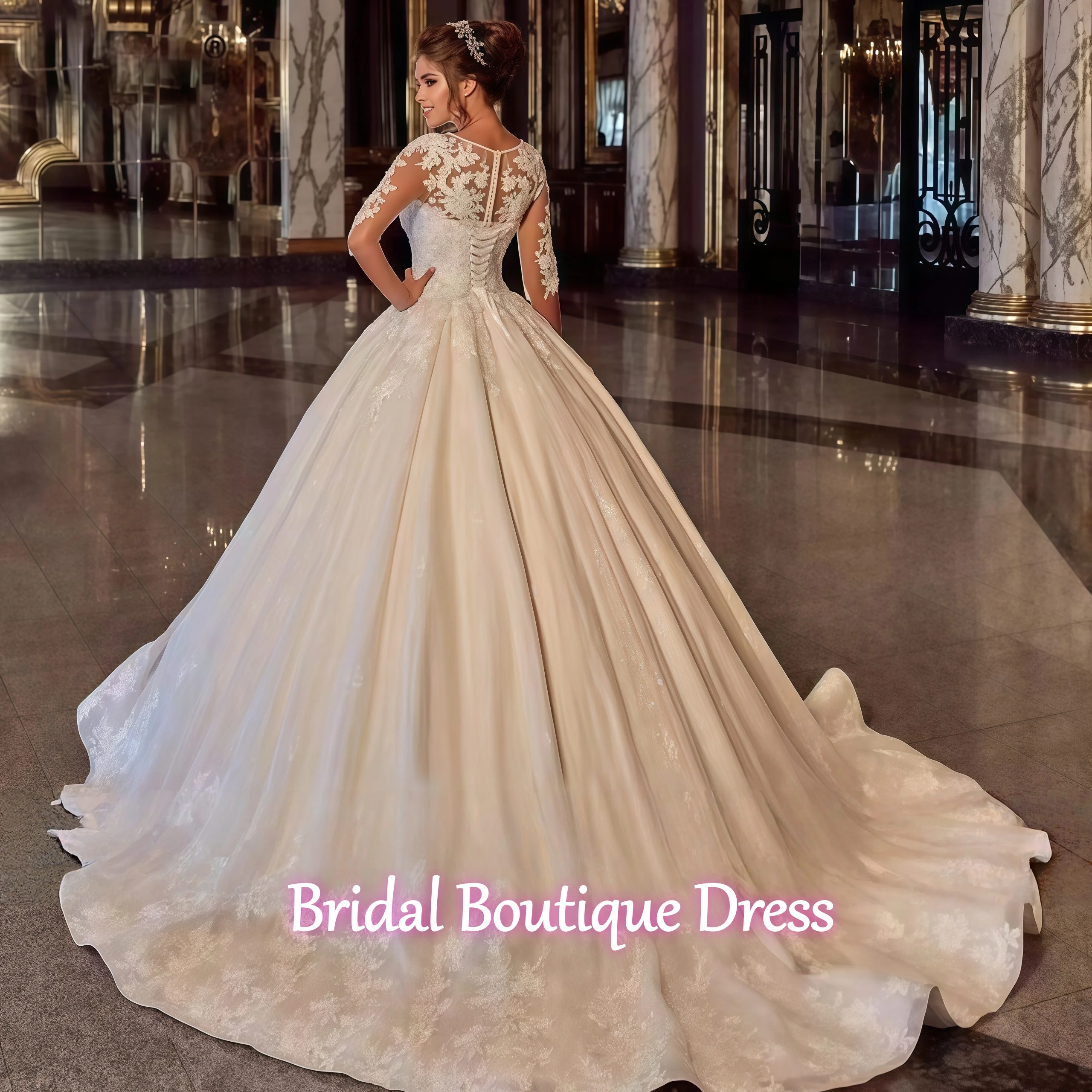 Vestido De novia personalizado con apliques De encaje y perlas, exquisito cuello redondo, mangas 2026, vestido De novia De tul con cordones