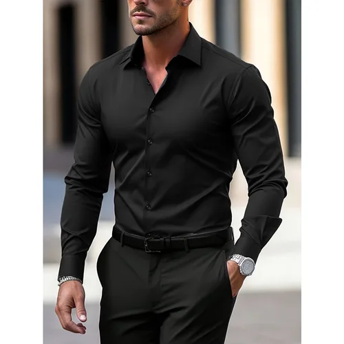 Imagen 2 del producto FGKKS nueva camisa Casual para hombre marca de moda Color sólido manga larga tela elástica camisa de vestir de negocios para hombre