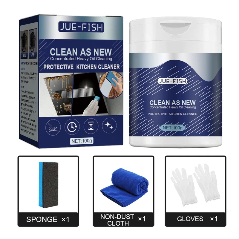 Household Degreasing Powder Concentrated Heavy Oil Pollution Cleaner Kitchen Cleaning Powder with Sponge Towel Gloves