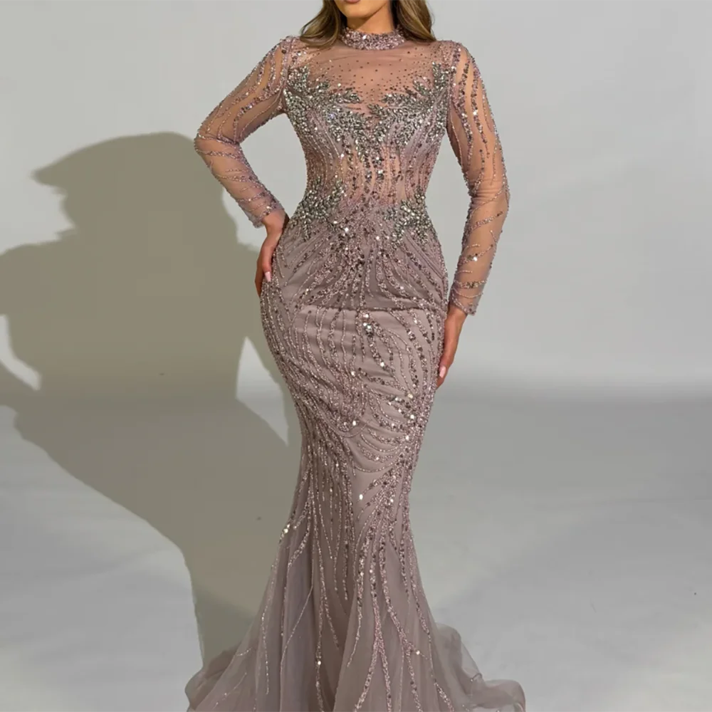 

Роскошные расшитые блестками и бисером с длинными рукавами Русалка Вечерние платья День рождения Пром платья по индивидуальному заказу