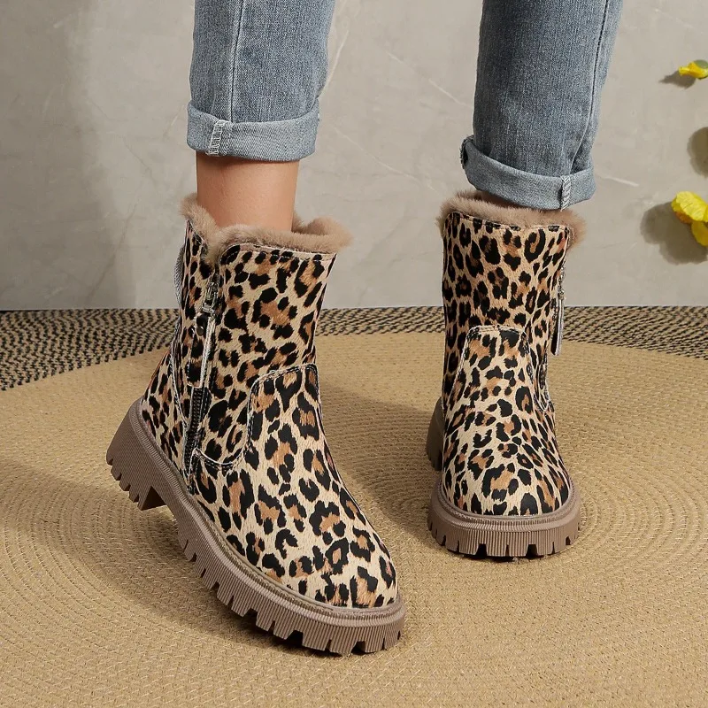 New Style Thick Bottom Leopard Ankle Boots Women Winter Warm Thick Plush Snow Boots Woman Non Slip Platfrom Boots Zapatos Mujer