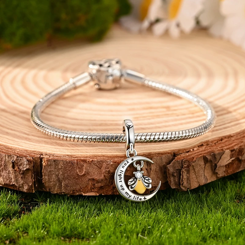 New 925 Sterling Silver Firefly Engraved Moon Charms Pendant For Women Fit Original Bracelet DIY Birthday Party Jewelry Gifts