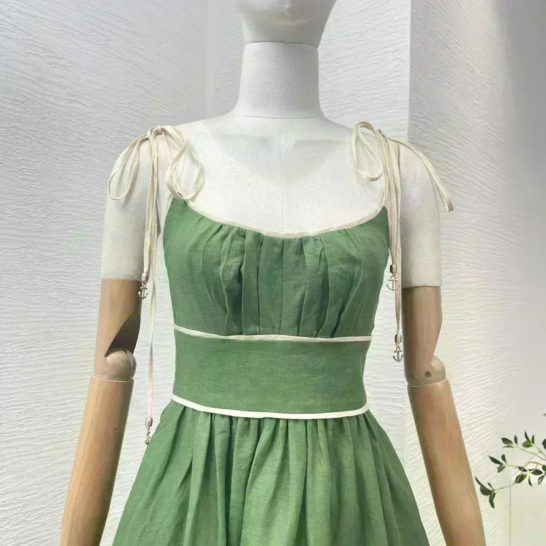 Elastic Shirred Back Top Quality 2024 New Green Pure Linen Sleeveless Pleats Lace-up Women Midi Dress