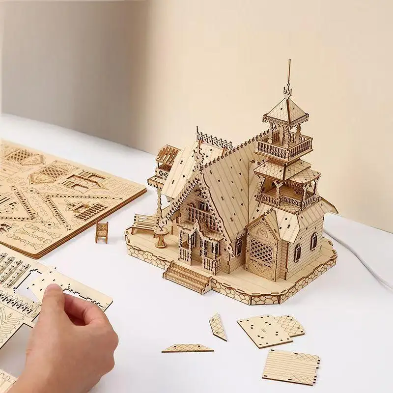 مجموعة نماذج خشبية ثلاثية الأبعاد للمنزل الصغير مع لعبة تجميع ألغاز قلعة خفيفة يمكنك صنعها بنفسك مجموعات نماذج للأطفال والكبار لتزيين المكتب للهدايا #4