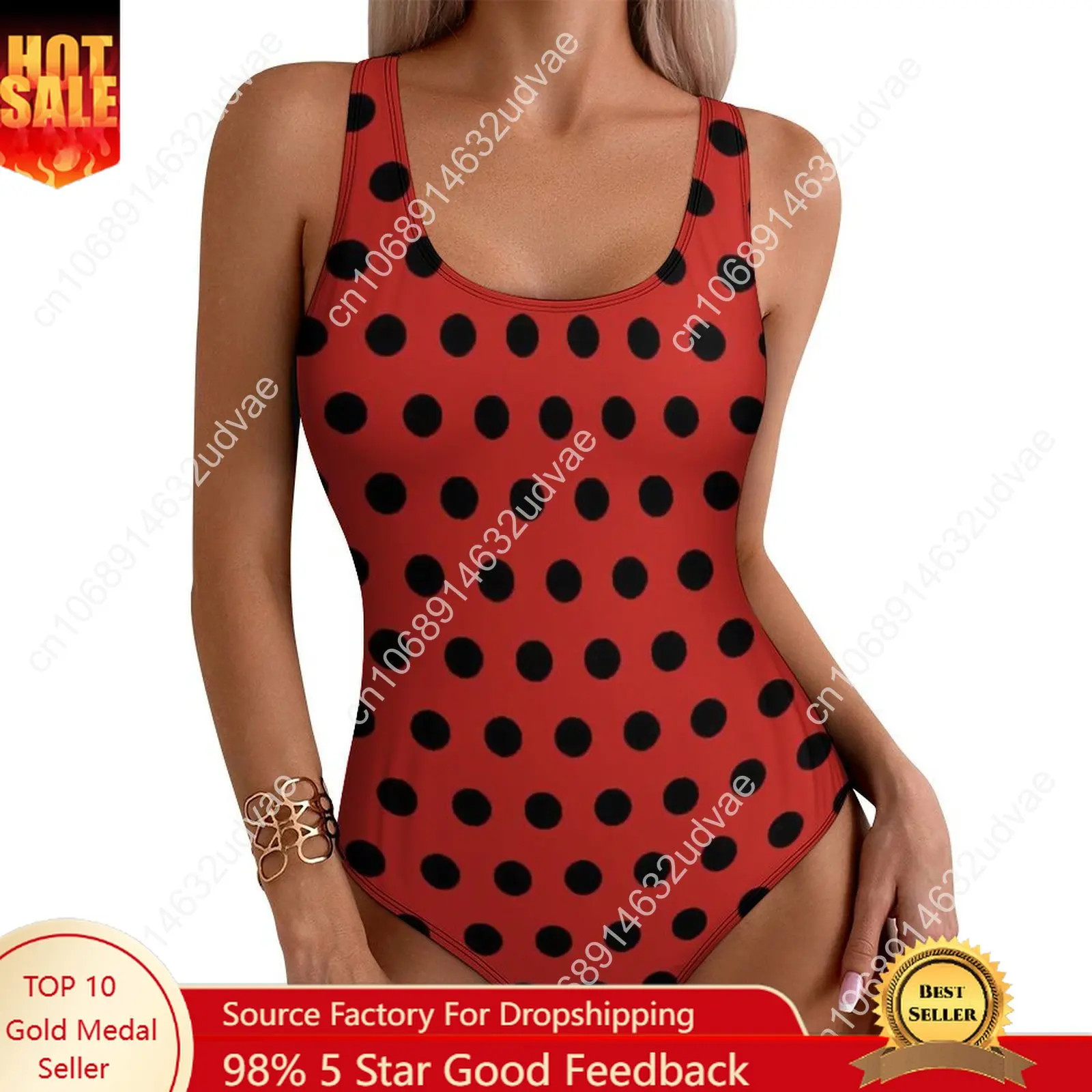 Traje de baño de lunares rojo y negro, traje de baño Vintage de una pieza con lunares, trajes de baño elegantes con realce, ropa de playa Sexy con gráfico