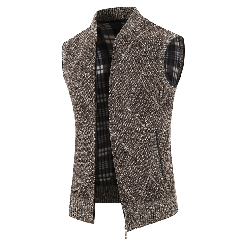 Men's Fashion Diagonal Striped Thick Waistcoat with Velvet Cardigan Zipper Vest Popular Sleeveless Coat