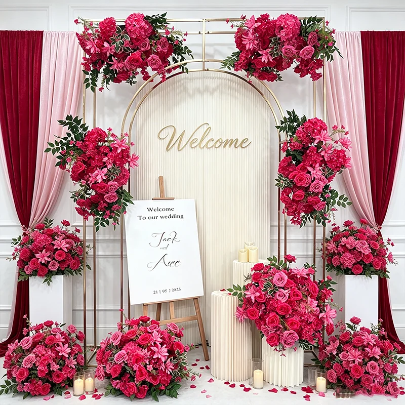 Knallrosa Blumenreihe Hortensie Pompom Rose 5D Hochzeits-Hintergrund Hängender Blumenbogen Bankett-Bodenblume Party-Requisite Schaufensterdekoration – Detail 2