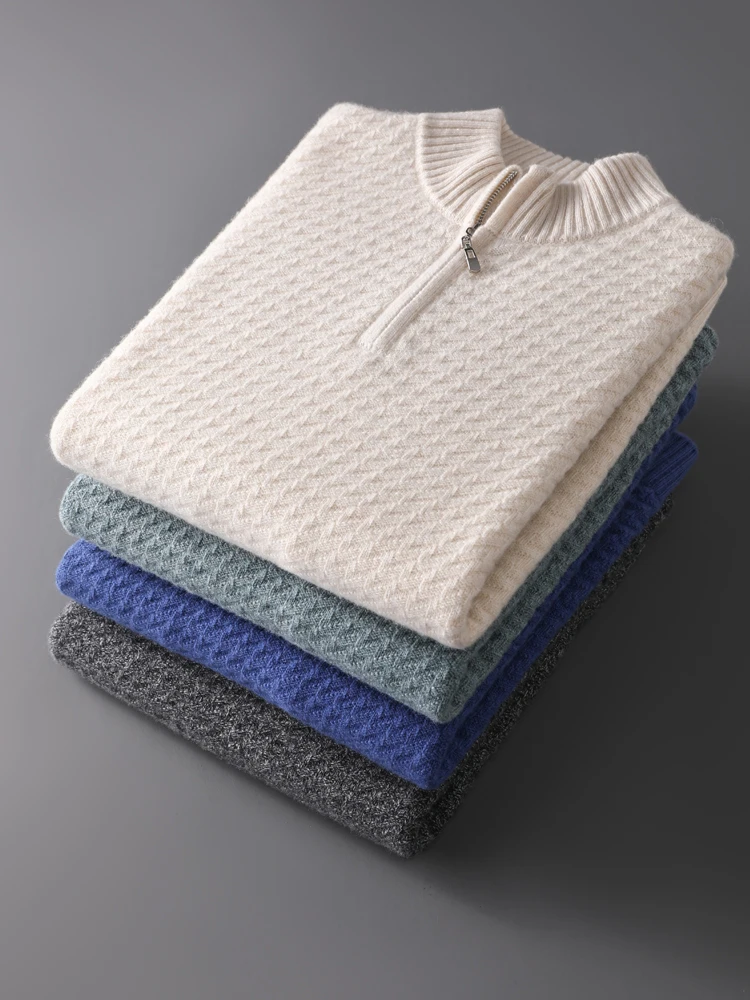 Men's Jacquard  Zipper Pullover Autumn Winter Thick Smart Casual Sweater 100% Merino Wool Knitwear Solid Colo Warm Soft Tops