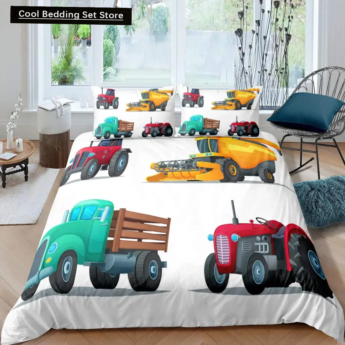 Kid Excavator Duvet Cover Tractor Truck Bedding Set Construction Vehicle Cartoon Comforter Cover Crane Car Polyester Quilt Cover