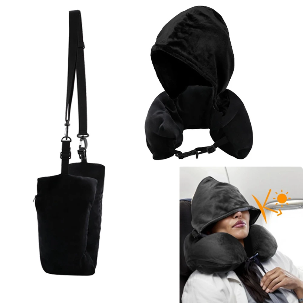 N38R_Stuffable Neck Pillow for Travel with Hood Adjustable Travel Pillow