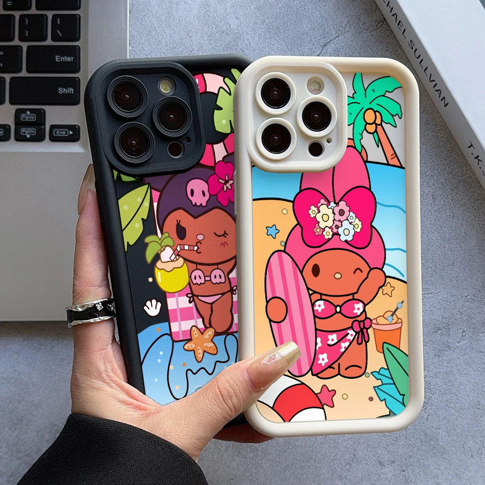 Beach Kuromi My Melody Phone Case for iPhone 16 15 14 Plus 13 12 Mini 11 Pro Max X Xs XR 8 7 Soft Ladder Lens Protection Cover