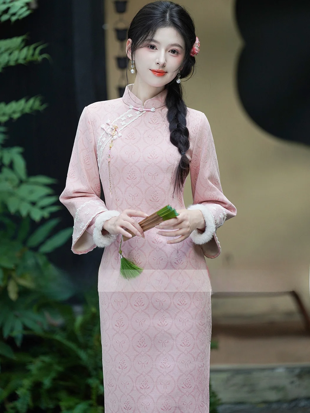 

Pink Young Sle Thiened Long Sve Wedding Dr Warm Daily Wear Vintage Wind Midi Length Side Buttoned Low Slit