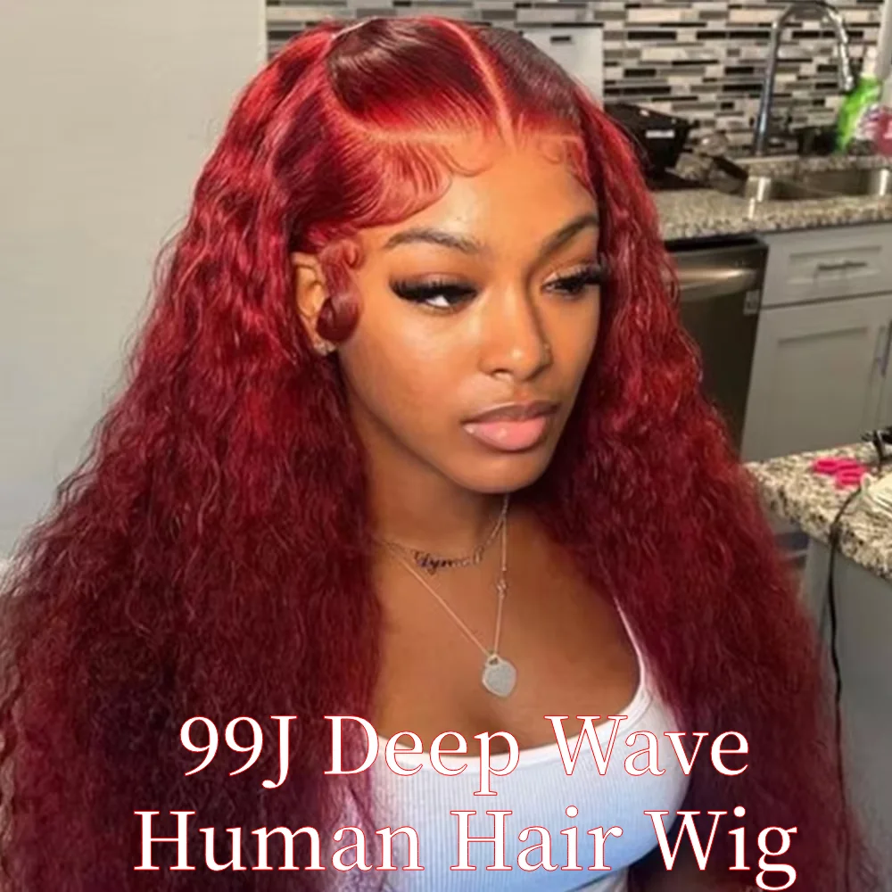 Perruque Premium 99J Bourgogne Ondulée Profonde 13x6 HD Lace Frontal 40 Pouces 13x4 Lace Cheveux Humains Sans Chute Sans Enchevêtrement Pré-Pluckée pour Femmes Usage Quotidien et Soirées