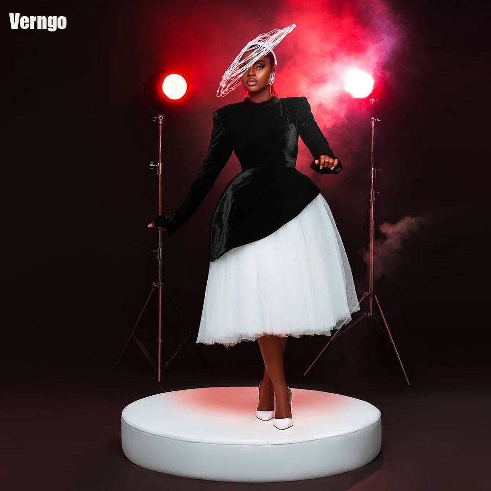 Verngo A-line Africa Prom Dresses Long Sleeves Tulle Velvet Evening Party Gowns Tea Length Formal Occasion Dress Robes De Soirée